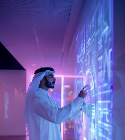 man-traditional-clothing-interacts-with-glowing-interactive-display